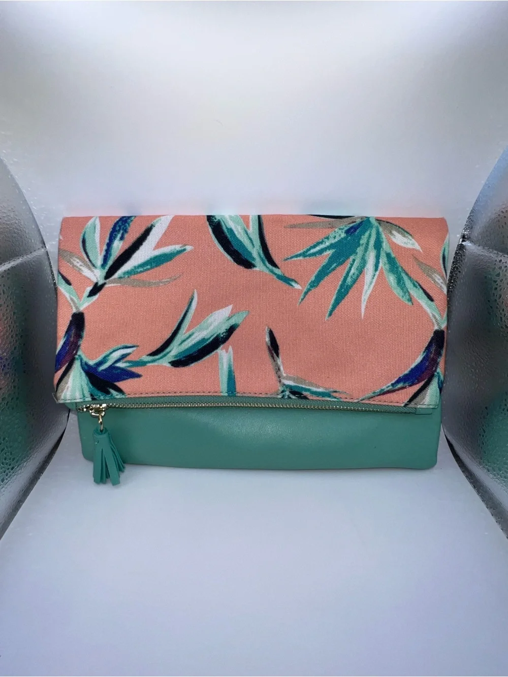 Rachel Pally Coral Floral and Mint Fold-Over Clutch